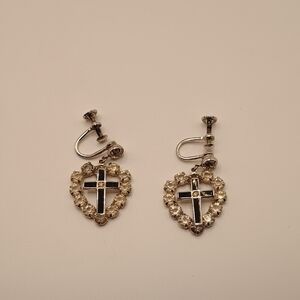 Silver Toned Heart Screw On Earrings with Cross Design And Clear Stones